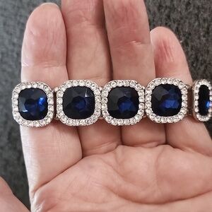 Silvertone and Faux Sapphire & CZ Stretch Bracelet